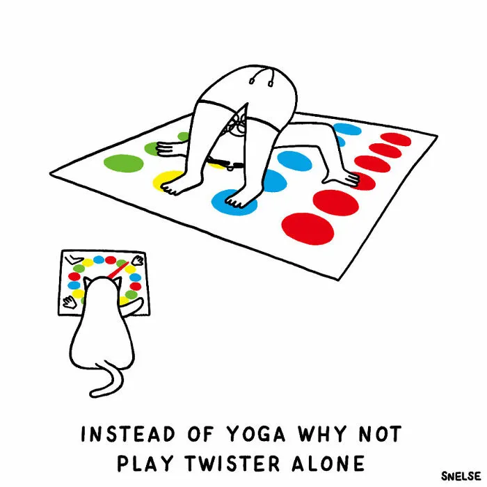 Minimalist comic illustration showing a person playing Twister alone with a cat, highlighting humor and creative illustrations.