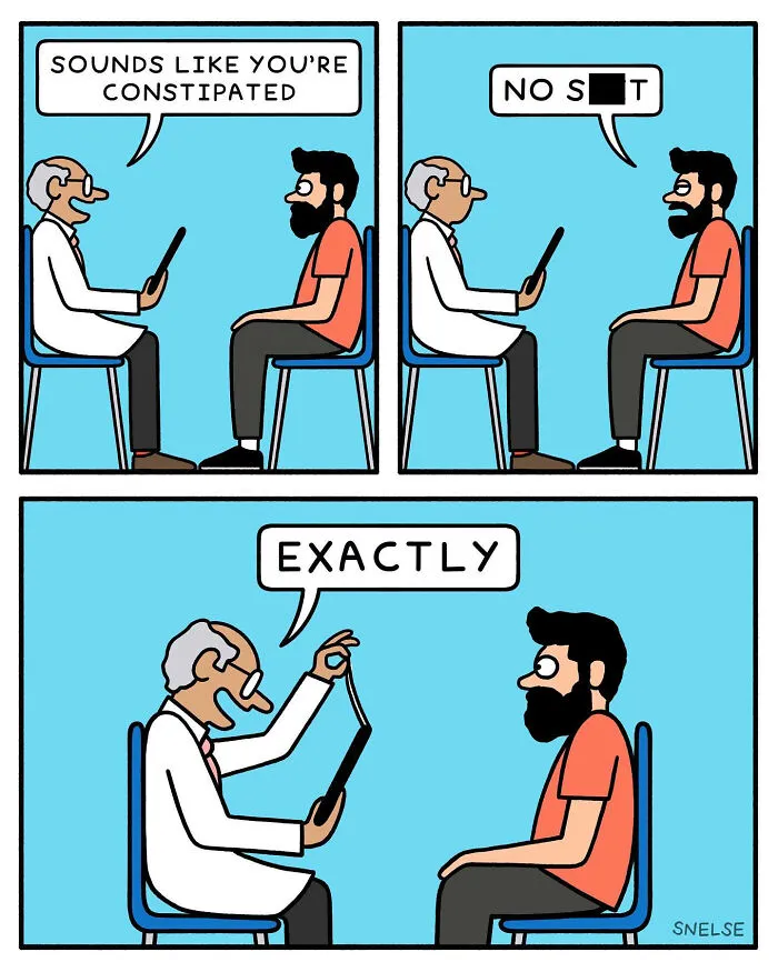 Comic illustration showing a doctor diagnosing a man with constipation in a humorous style.