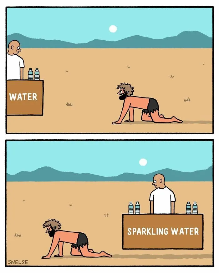 Comic illustration by artist shows a caveman crawling toward water and then sparkling water stands in a desert.