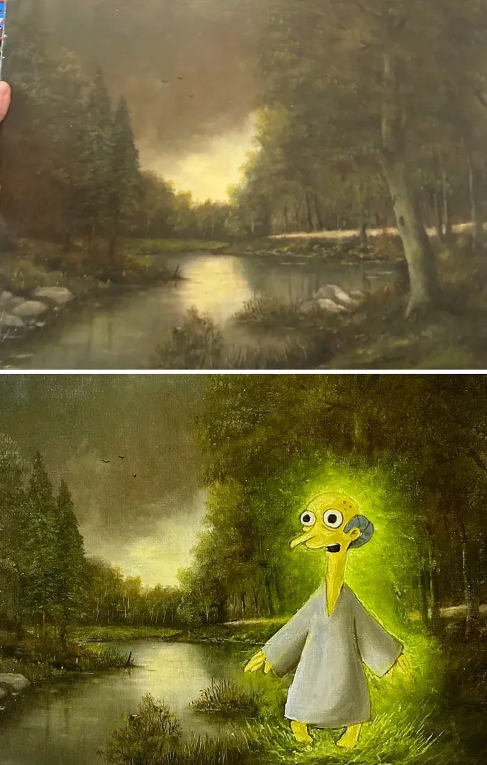 Thrifted painting of a forest scene personalized with a funny and unexpected cartoon character added.