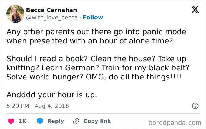 Tweet about parents humorously panicking over free time, illustrating relatable memes for parents managing chaos at home.