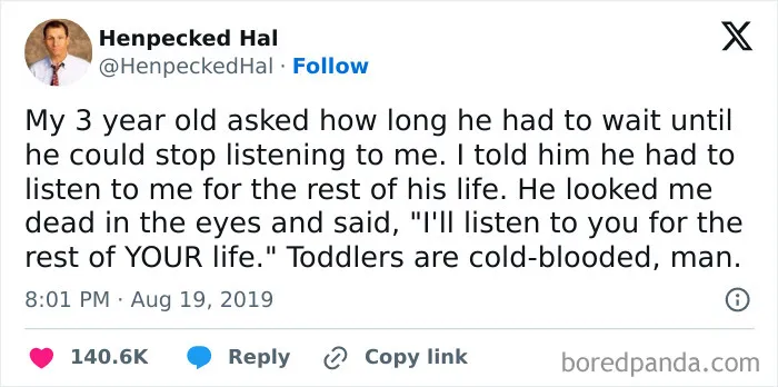 Tweet from Henpecked Hal sharing a relatable and hilarious meme for parents about toddlers and lifelong listening.