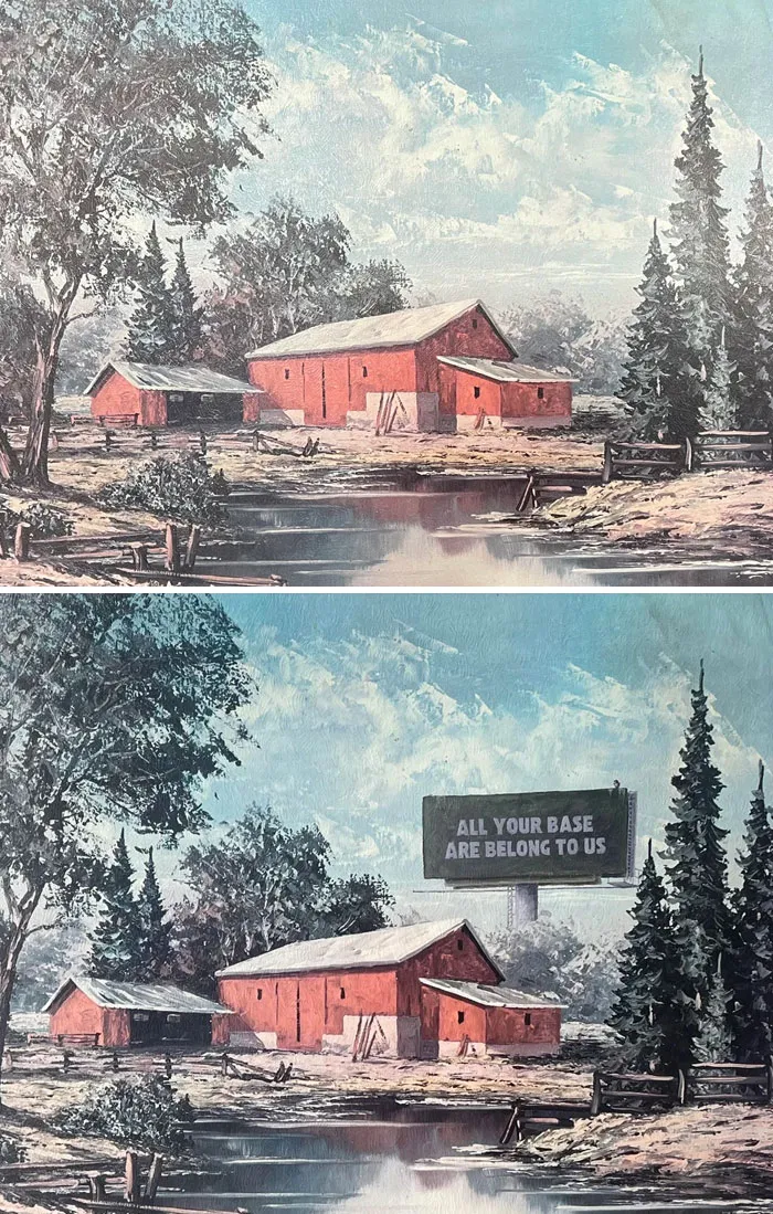 Before and after images of a personalized thrifted painting with a humorous billboard added in a rural landscape scene.