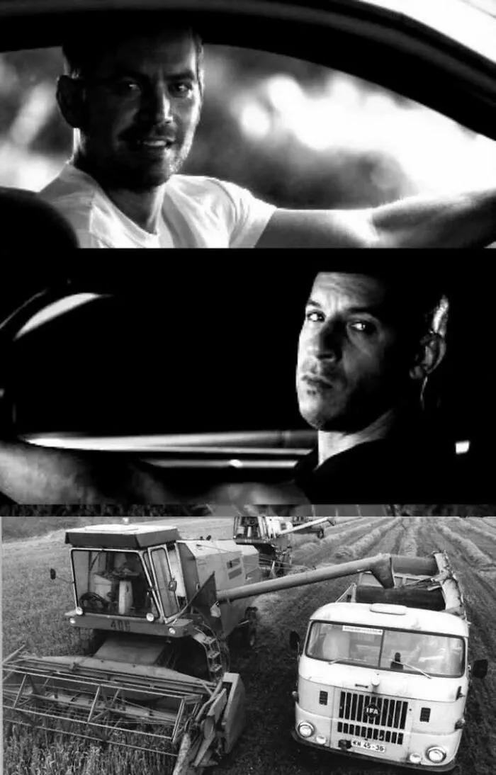 Black and white meme with two men in cars and old farm machinery unloading crops onto a truck, reflecting Eastern Europe humor.