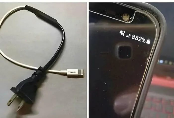 Funny photo of a broken smartphone charger and a phone showing a battery percentage over 800% in an Eastern Europe meme context