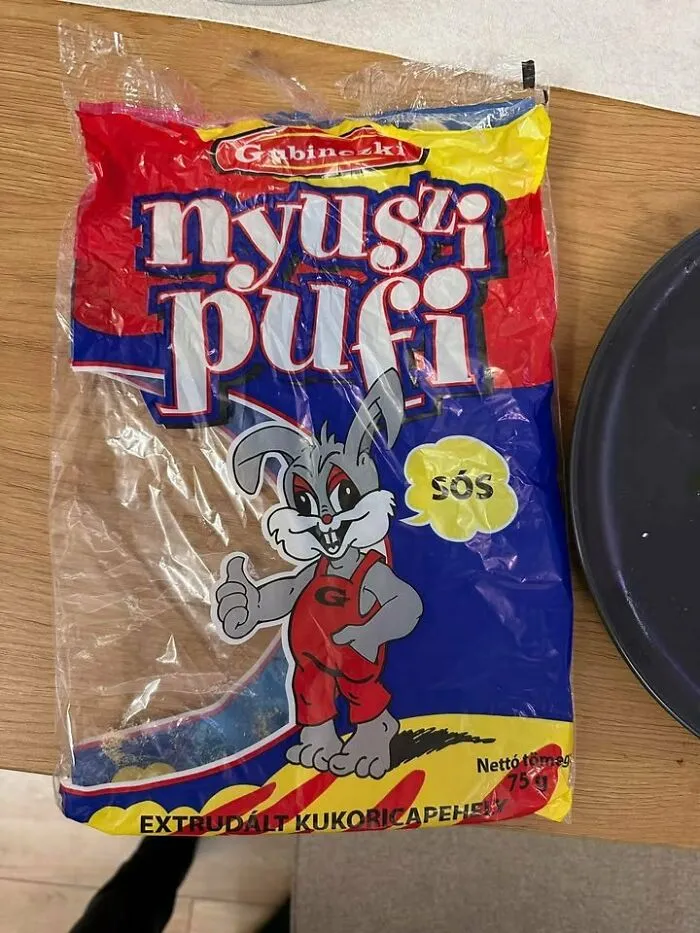 Empty Eastern Europe snack bag with a cartoon rabbit on a colorful red, blue, and yellow background.