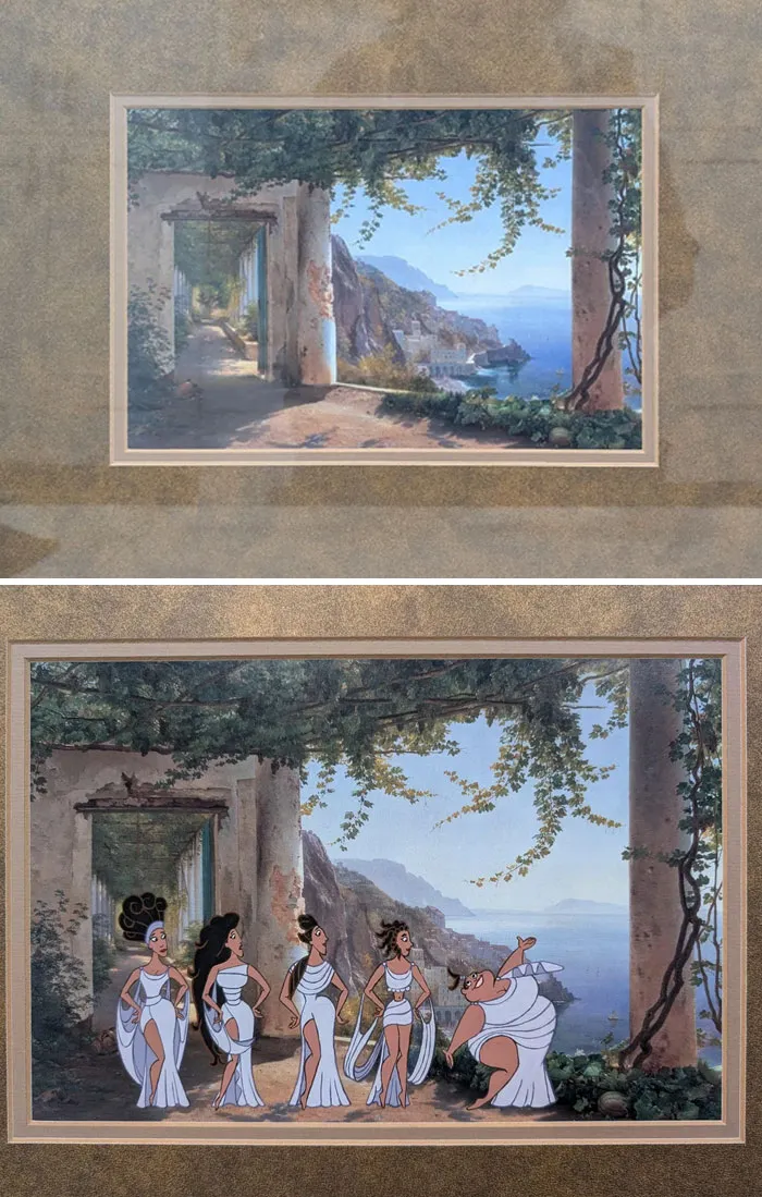Thrifted painting personalized with funny cartoon characters added, creating an unexpected humorous scene by the seaside.