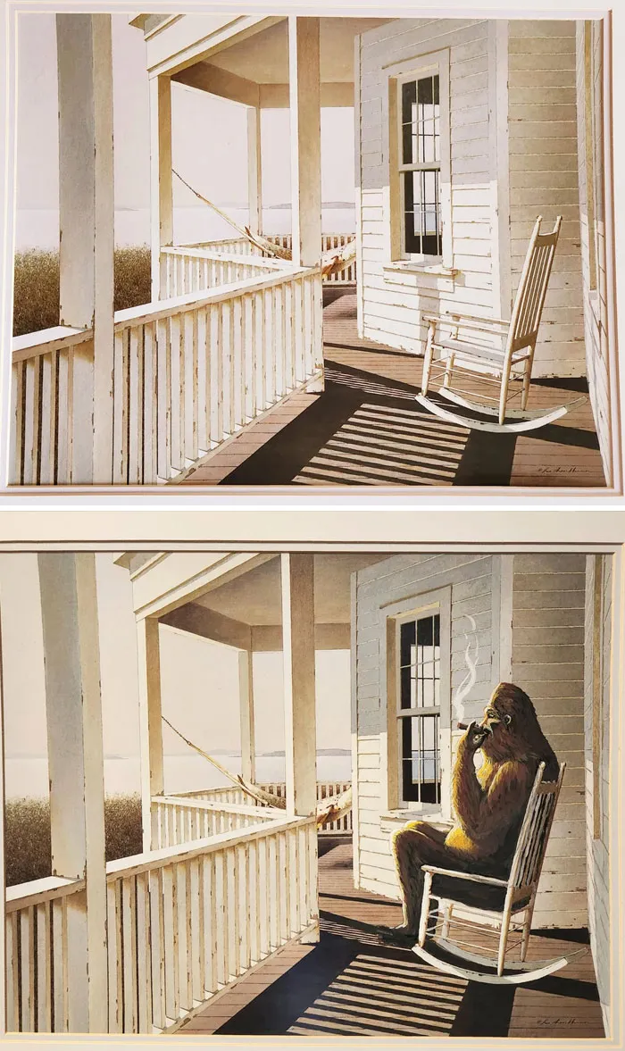 Two thrifted paintings showing a porch scene, one altered to add a smoking Bigfoot sitting in a rocking chair.