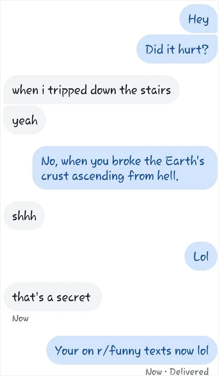 Hilarious text conversation joking about a fall that broke the Earth's crust in funny messages.
