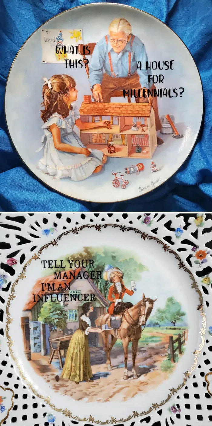 Two personalized thrifted paintings on plates with humorous and unexpected modern text added to classic scenes.
