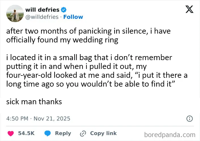 Funny and relatable X post about finding a lost wedding ring after two months, showing everyday humor and life moments.