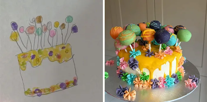 La idea que mi sobrina de 8 años tenía para su tarta de cumpleaños VS la tarta terminada