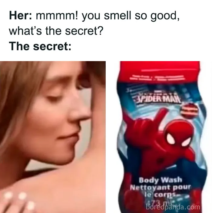 Woman smelling arm and a Spider-Man body wash bottle revealing the secret scent in funny unhinged memes.