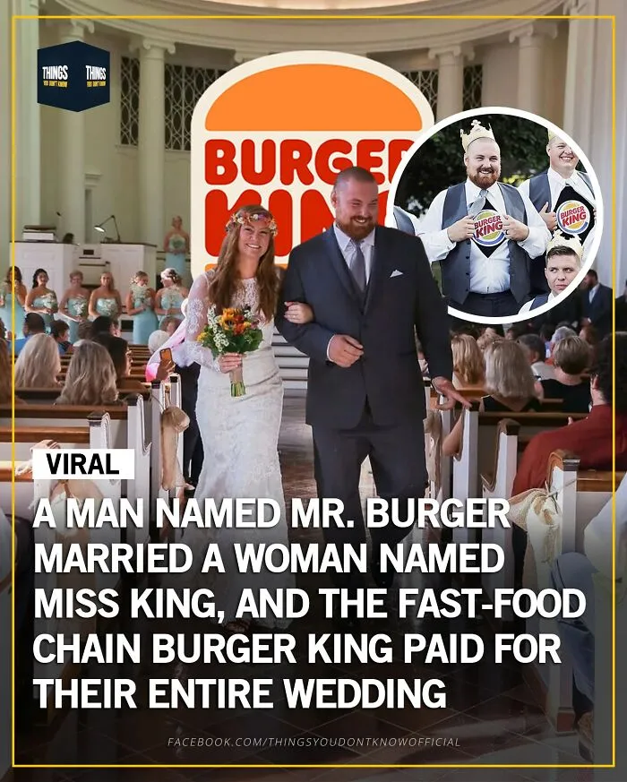 Wedding photo of a couple named Burger and King with Burger King logo, a compelling fact for conversation starters.