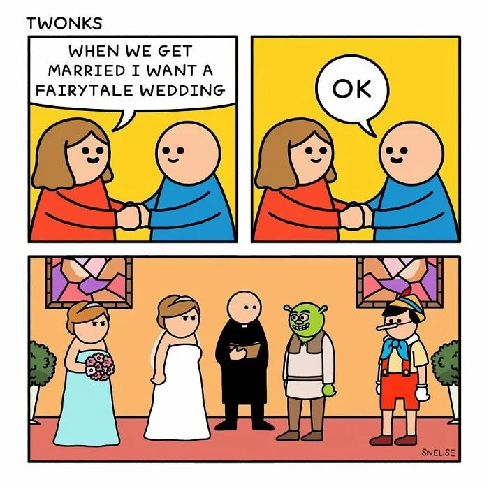 Comic illustration by an artist creating funny comics to make people chuckle, featuring a fairytale wedding scene.
