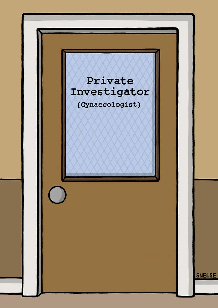 Cartoon illustration of a door labeled Private Investigator with Gynaecologist written below comic style humor.