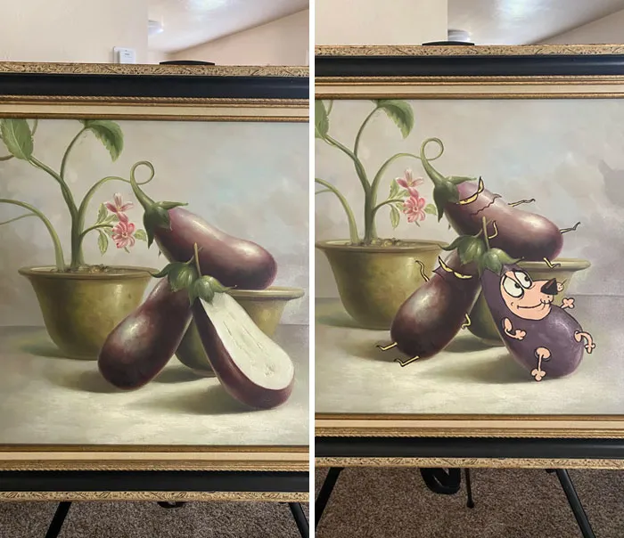 Two-panel thrifted painting of eggplants in a pot, humorously personalized with cartoon faces and limbs added.