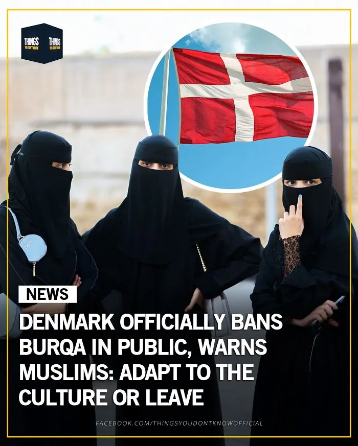 Women wearing burqas in public with Danish flag overlay, representing compelling facts and stories for conversation starters.