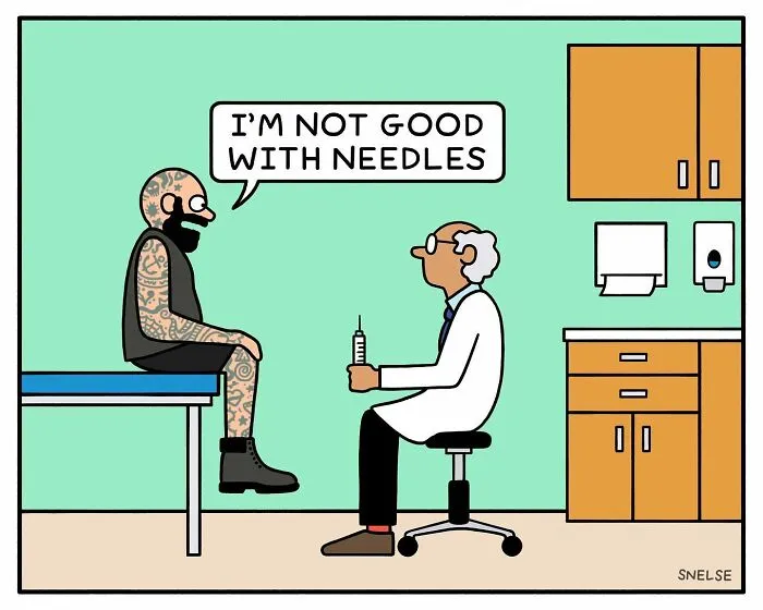 Cartoon illustration of a tattooed man telling a doctor he is not good with needles in a comic style.
