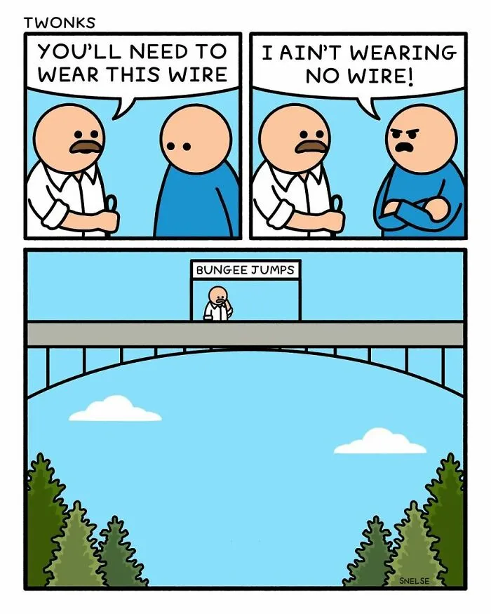 Comic illustration showing a humorous bungee jump refusal with characters discussing wearing a wire.