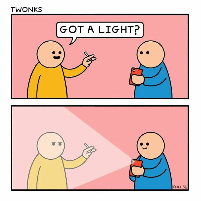 Illustration comic showing a person asking for a light while the other uses phone flashlight to respond humorously.
