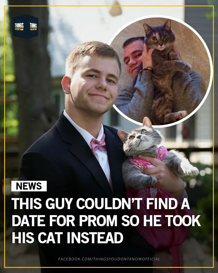 Young man holding cat at prom, a fun and unique story for great conversation starters at a dinner party.