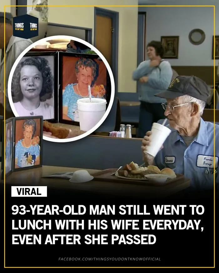 93-year-old man dining alone daily with photos of his late wife, touching conversation starters and compelling facts.