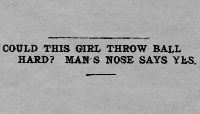 Vintage newspaper clipping with humorous text about a girl throwing a ball and a man’s nose.