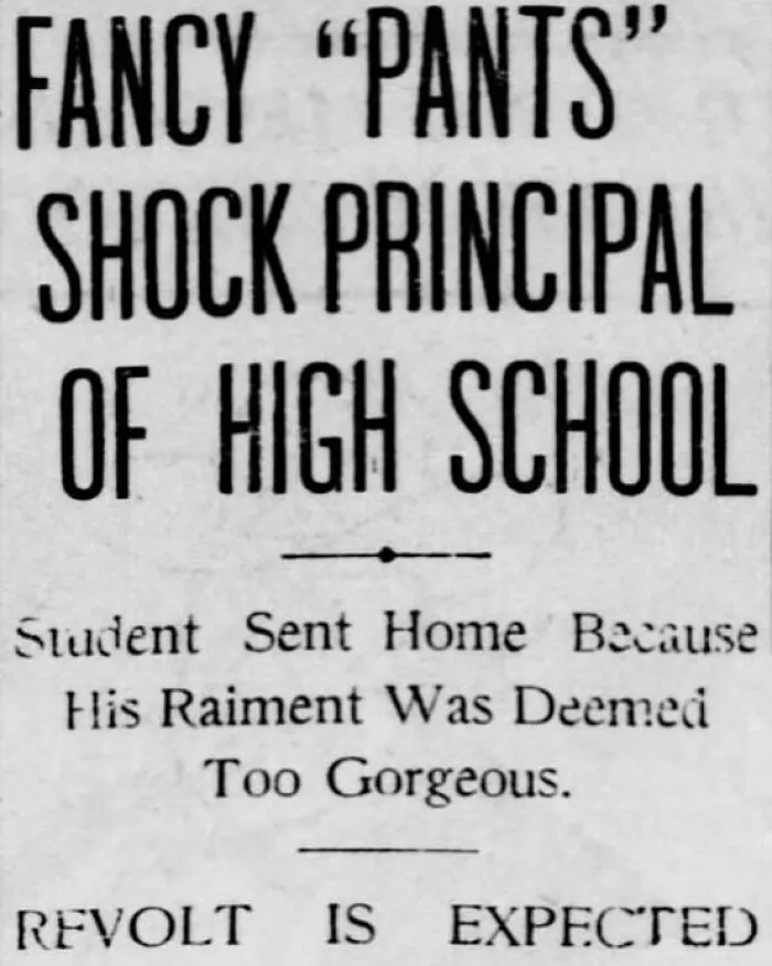 Vintage newspaper clipping shows headline about fancy pants shocking a high school principal, funny and relatable.
