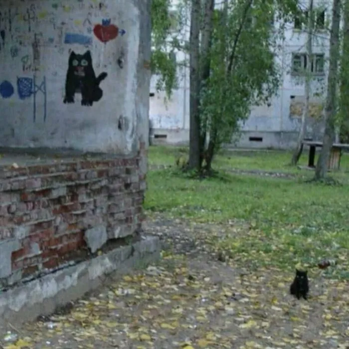 Black cat sitting on a leafy ground near a wall with a painted cat, showcasing cats being weird little guys outdoors.