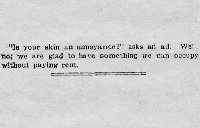 Vintage newspaper clipping showing a humorous and relatable old ad about skin and paying rent.