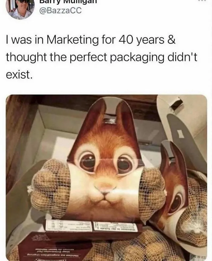Packaging designed with a squirrel face holding nuts, a funny and wholesome animal post to cleanse your feed.