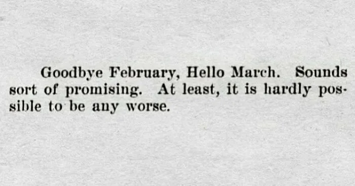 Vintage newspaper clipping showing humorous text about saying goodbye to February and welcoming March.