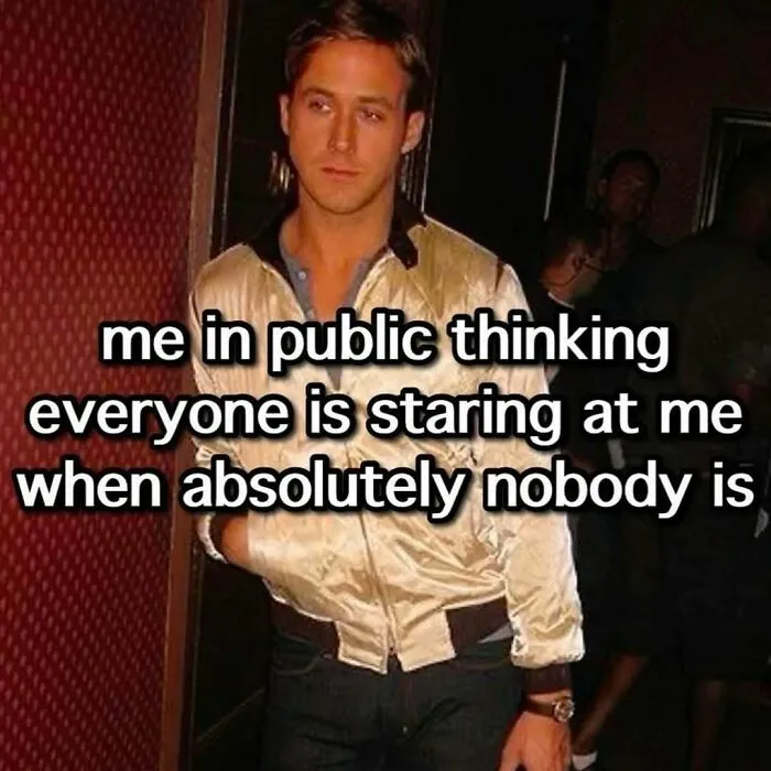 Young man in a shiny jacket looking awkward, paired with a funny unhinged meme about social anxiety and overthinking.
