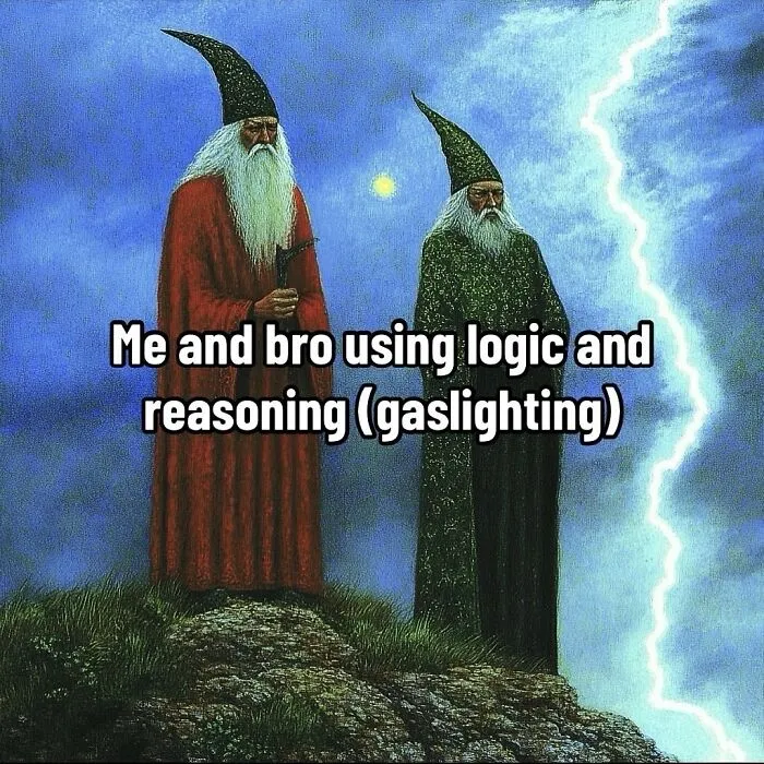 Two wizards with long white beards and pointed hats standing on a hill under lightning, funny unhinged memes style.