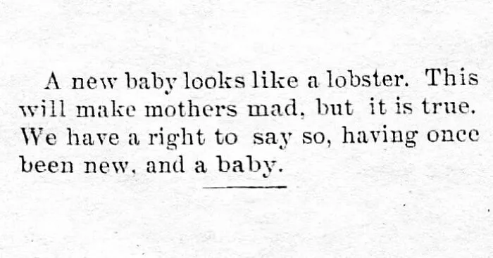 Vintage newspaper clipping humorously compares a new baby to a lobster, showcasing funny and relatable old days text.