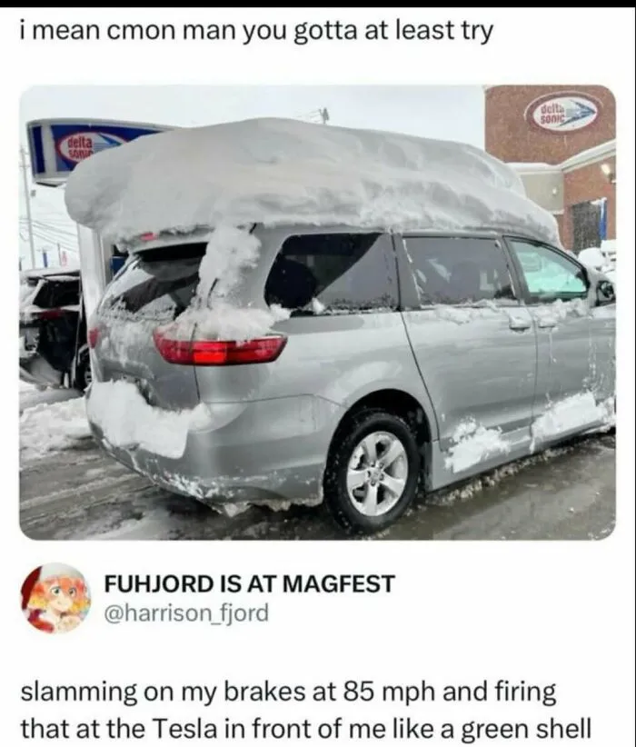 Funny meme showing a snow-covered car with humor to help handle reality through memes and laughter.