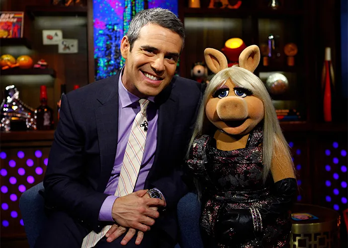TV host sitting next to Miss Piggy, a rare pop culture shot capturing an iconic Muppet character in a studio setting.
