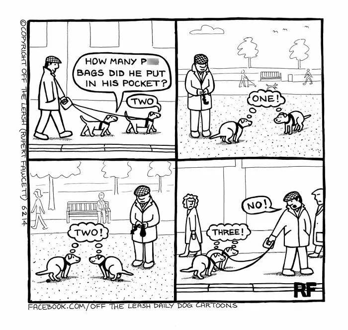 Black and white comic panels showing humorous dog thoughts about poop bags during a walk, illustrating living with dogs.