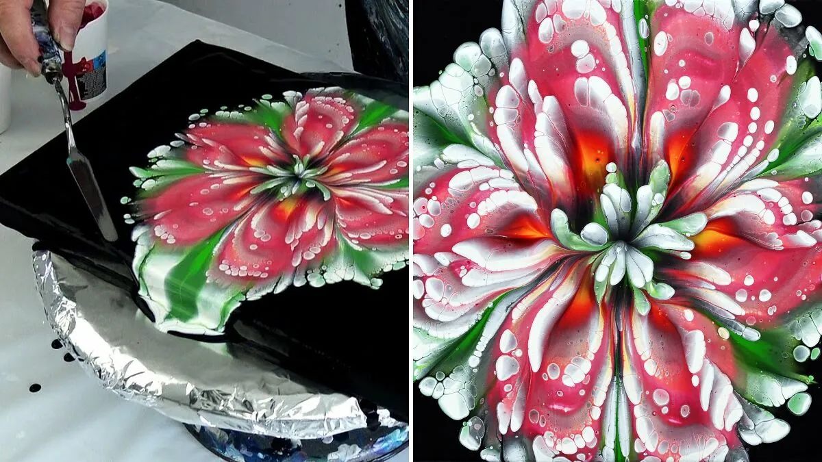 I Made A Christmas Star Inspired Fluid Art, So Here's A Tutorial For An Acrylic Pouring Reverse Flower Dip