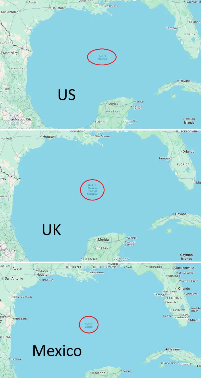 How Google Maps Labels The Gulf Of Mexico (Gulf Of America) In The Us, UK &amp; Mexico