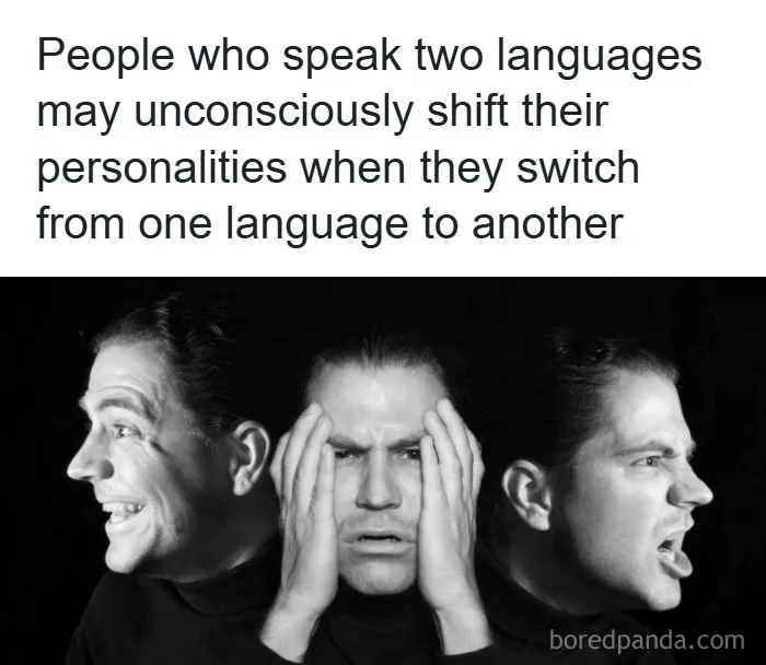 Tweet about bilingual people shifting personalities with a black and white image illustrating psychology facts.