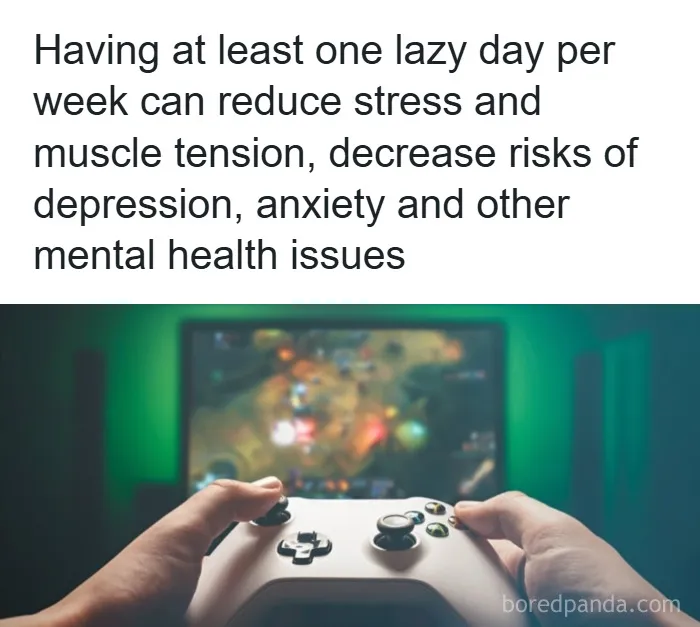 Hands holding a game controller with text about psychology facts on stress reduction and mental health benefits.
