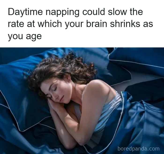 Woman napping peacefully in bed, illustrating a psychology fact about brain health and aging benefits of daytime naps.