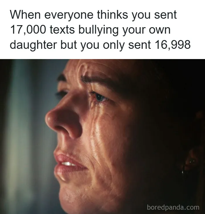 Close-up of a woman with a tearful expression, illustrating a funny unhinged meme about texting and misunderstandings.
