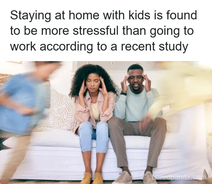 Stressed parents sitting on a couch with kids running around, illustrating fun and fascinating psychology facts.