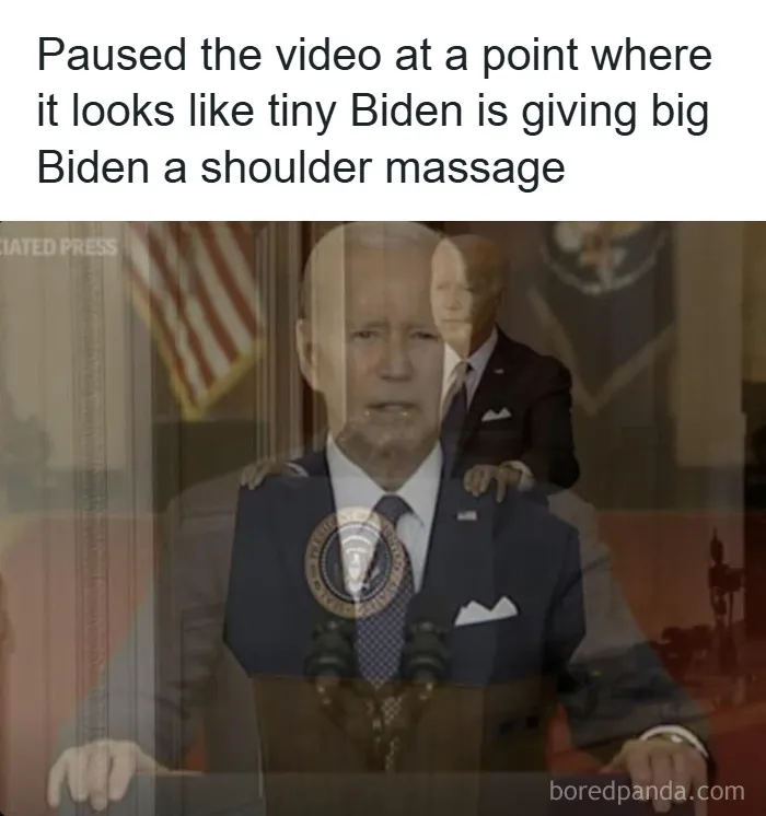 Double exposure image showing two versions of Biden, creating a funny unhinged meme effect from Grapejuiceboys.
