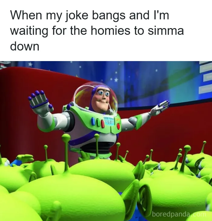 Buzz Lightyear surrounded by green aliens with arms raised, capturing a funny unhinged meme vibe.