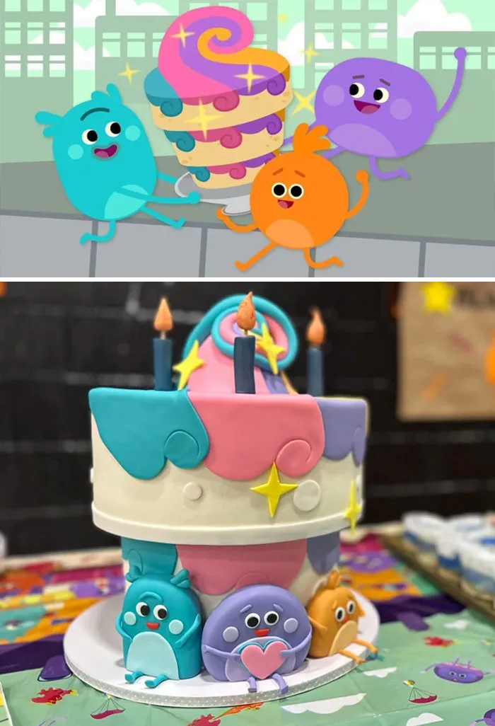 Necesitaba una tarta de dibujos animados y solo tenía esta imagen para usar como inspiración. Este es el producto final