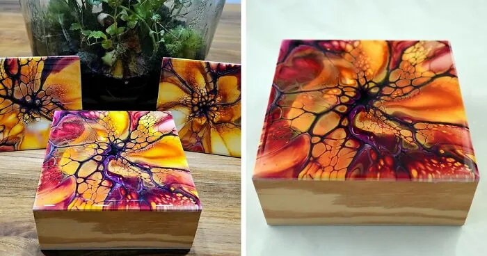 DIY Gift Idea: Festive Acrylic Pouring Bloom Coasters & Resin Box For Christmas